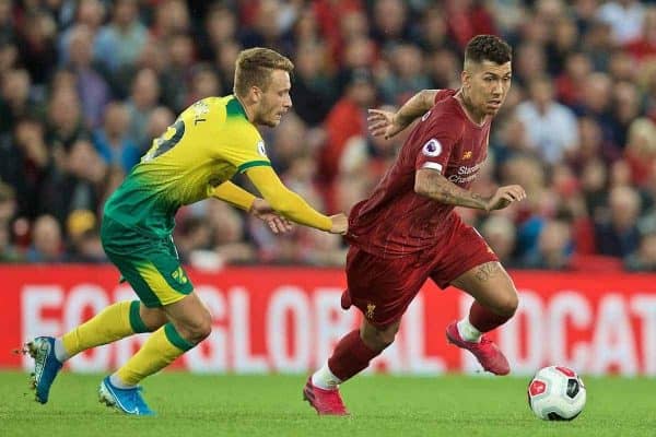 LIVERPOOL, ENGLAND - Friday, August 9, 2019: Liverpool's Roberto Firmino during the opening FA Premier League match of the season between Liverpool FC and Norwich City FC at Anfield. (Pic by David Rawcliffe/Propaganda)