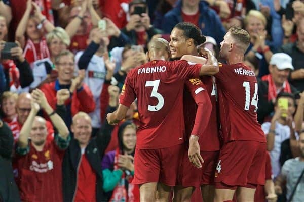 LIVERPOOL, ENGLAND - Friday, August 9, 2019: Liverpool's Virgil van Dijk celebrates scoring the third goal during the opening FA Premier League match of the season between Liverpool FC and Norwich City FC at Anfield. (Pic by David Rawcliffe/Propaganda)