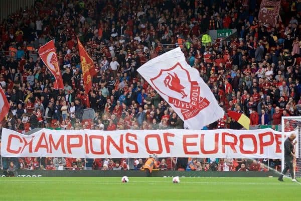 LIVERPOOL, ENGLAND - Friday, August 9, 2019: Liverpool supporters' banner 'Champions of Europe' on the Spion Kop before the opening FA Premier League match of the season between Liverpool FC and Norwich City FC at Anfield. (Pic by David Rawcliffe/Propaganda)