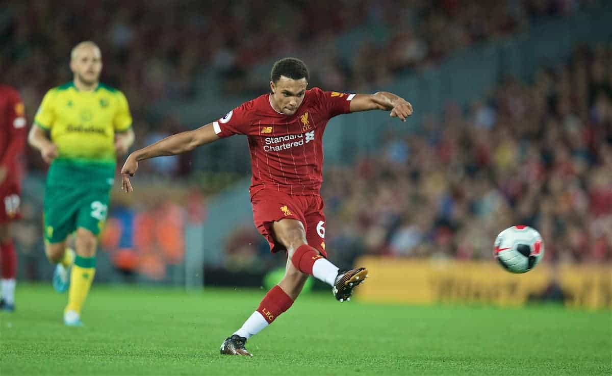 LIVERPOOL, ENGLAND - Friday, August 9, 2019: Liverpool's Trent Alexander-Arnold during the opening FA Premier League match of the season between Liverpool FC and Norwich City FC at Anfield. (Pic by David Rawcliffe/Propaganda)