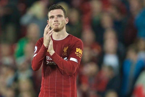 LIVERPOOL, ENGLAND - Friday, August 9, 2019: Liverpool's Andy Robertson applauds the supporters after the opening FA Premier League match of the season between Liverpool FC and Norwich City FC at Anfield. Liverpool won 4-1. (Pic by David Rawcliffe/Propaganda)