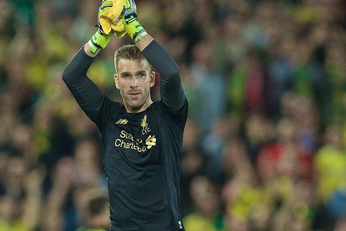 LIVERPOOL, ENGLAND - Friday, August 9, 2019: Liverpool's goalkeeper Adrián San Miguel del Castillo applauds the supporters after the opening FA Premier League match of the season between Liverpool FC and Norwich City FC at Anfield. Liverpool won 4-1. (Pic by David Rawcliffe/Propaganda)