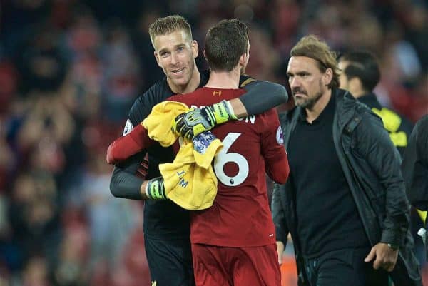 LIVERPOOL, ENGLAND - Friday, August 9, 2019: Liverpool's goalkeeper Adrián San Miguel del Castillo and Andy Robertson after the opening FA Premier League match of the season between Liverpool FC and Norwich City FC at Anfield. Liverpool won 4-1. (Pic by David Rawcliffe/Propaganda)