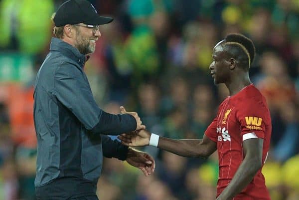 LIVERPOOL, ENGLAND - Friday, August 9, 2019: Liverpool's manager Jürgen Klopp (L) and Sadio Mane after the opening FA Premier League match of the season between Liverpool FC and Norwich City FC at Anfield. Liverpool won 4-1. (Pic by David Rawcliffe/Propaganda)