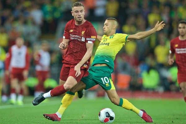 LIVERPOOL, ENGLAND - Friday, August 9, 2019: Liverpool's captain Jordan Henderson is tackled by Norwich City's Moritz Leitner (R) during the opening FA Premier League match of the season between Liverpool FC and Norwich City FC at Anfield. (Pic by David Rawcliffe/Propaganda)