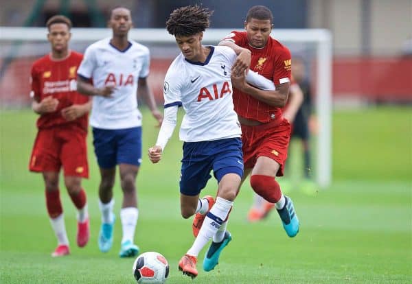 KIRKBY, ENGLAND - Saturday, August 10, 2019: Tottenham Hotspur's Brooklyn Lyons-Foster (L) and Liverpool's Rhian Brewster during the Under-23 FA Premier League 2 Division 1 match between Liverpool FC and Tottenham Hotspur FC at the Academy. (Pic by David Rawcliffe/Propaganda)