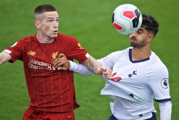 KIRKBY, ENGLAND - Saturday, August 10, 2019: Liverpool's Ryan Kent (L) and Tottenham Hotspur's Dilan Markandey (R) during the Under-23 FA Premier League 2 Division 1 match between Liverpool FC and Tottenham Hotspur FC at the Academy. (Pic by David Rawcliffe/Propaganda)