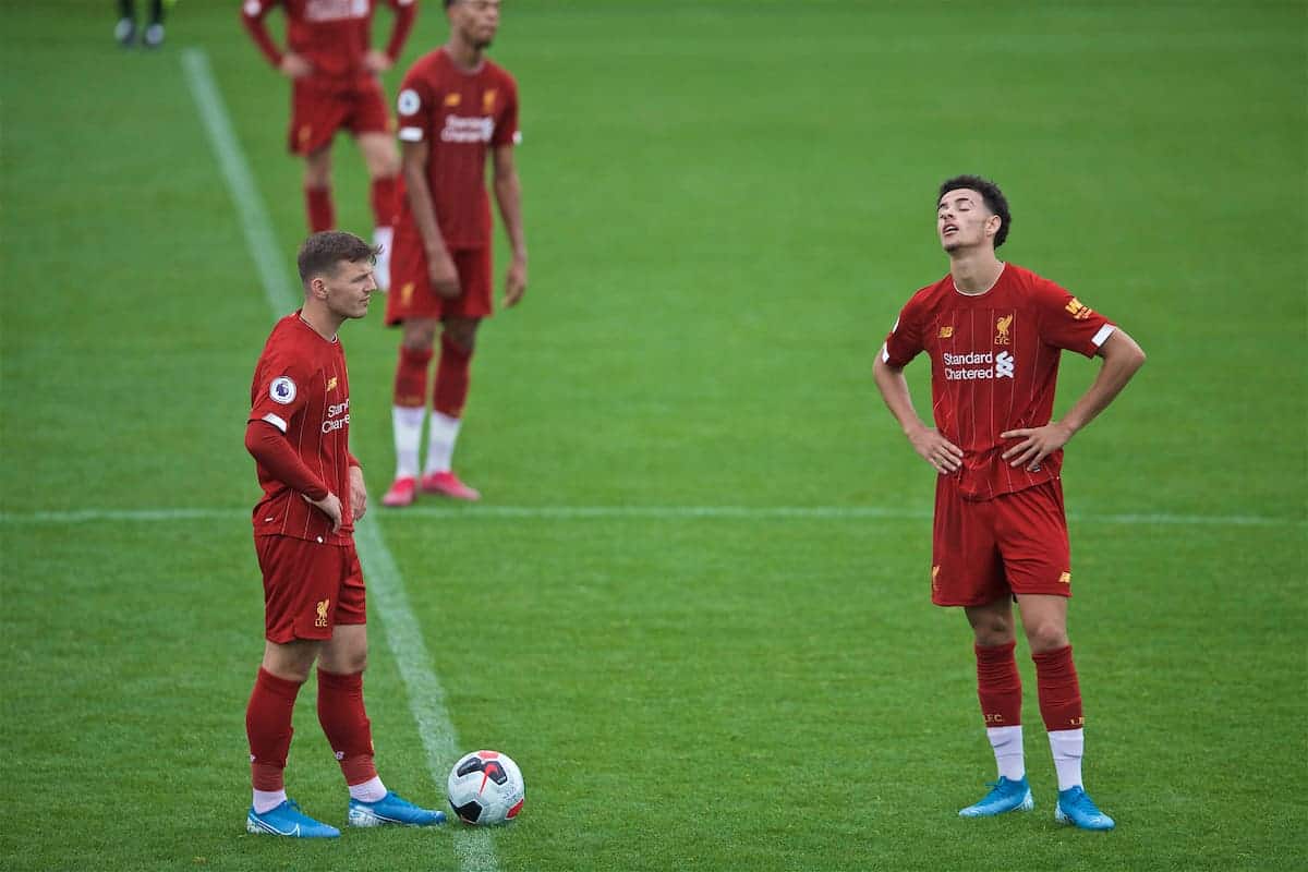 KIRKBY, ENGLAND - Saturday, August 10, 2019: Liverpool's substitute Bobby Duncan (L) and Curtis Jones look dejected as they kick off after Tottenham Hotspur's fourth goal during the Under-23 FA Premier League 2 Division 1 match between Liverpool FC and Tottenham Hotspur FC at the Academy. Tottenham Hotspur won 4-0. (Pic by David Rawcliffe/Propaganda)