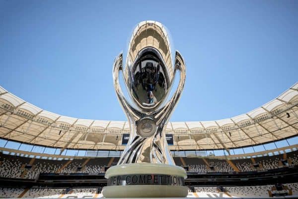 ISTANBUL, TURKEY - Tuesday, August 13, 2019: The Super Cup trophy on display at Besiktas Park Stadium during a training session ahead of the UEFA Super Cup match between Liverpool FC and Chelsea FC. (Pic by Handout/UEFA)