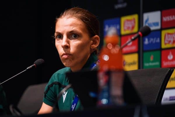 ISTANBUL, TURKEY - Tuesday, August 13, 2019: Referee Stephanie Frappart during a press conference ahead of the UEFA Super Cup match between Liverpool FC and Chelsea FC. (Pic by Handout/UEFA)