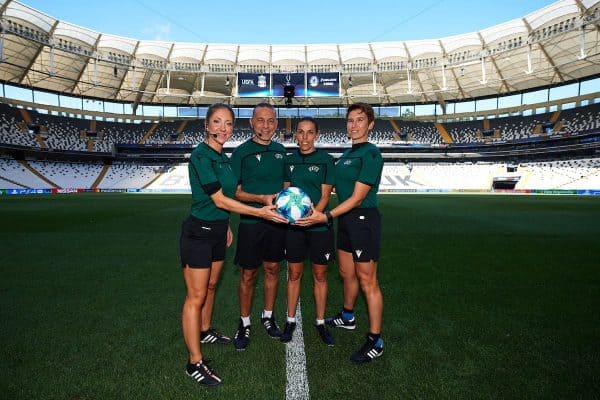 ISTANBUL, TURKEY - Tuesday, August 13, 2019: Assistant referee Manuela Nicolosi, fourth official Cuneyt Cakir, referee Stephanie Frappart and assistant referee Michelle O'Neill during a training session ahead of the UEFA Super Cup match between Liverpool FC and Chelsea FC. (Pic by Handout/UEFA)
