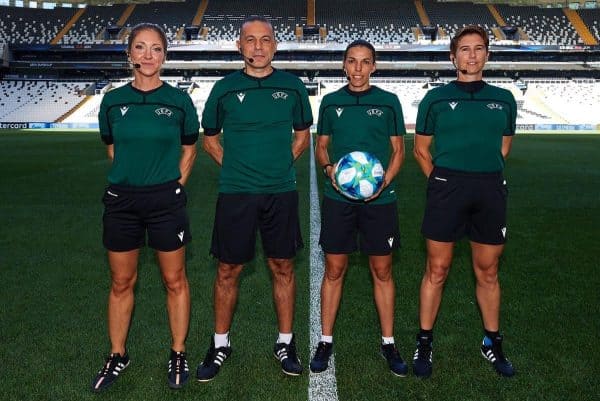 ISTANBUL, TURKEY - Tuesday, August 13, 2019: Assistant referee Manuela Nicolosi, fourth official Cuneyt Cakir, referee Stephanie Frappart and assistant referee Michelle O'Neill during a training session ahead of the UEFA Super Cup match between Liverpool FC and Chelsea FC. (Pic by Handout/UEFA)