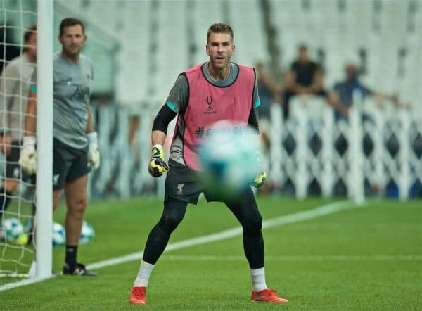 ISTANBUL, TURKEY - Tuesday, August 13, 2019: Liverpool's goalkeeper Adrián San Miguel del Castillo during a training session ahead of the UEFA Super Cup match between Liverpool FC and Chelsea FC at Besiktas Park. (Pic by David Rawcliffe/Propaganda)