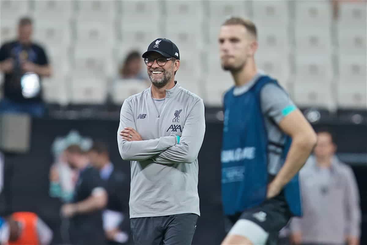 ISTANBUL, TURKEY - Tuesday, August 13, 2019: Liverpool's manager Jürgen Klopp during a training session ahead of the UEFA Super Cup match between Liverpool FC and Chelsea FC at Besiktas Park. (Pic by David Rawcliffe/Propaganda)