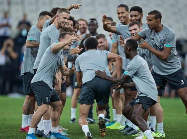 ISTANBUL, TURKEY - Tuesday, August 13, 2019: Liverpool's Trent Alexander-Arnold runs the gauntlet of players during a training session ahead of the UEFA Super Cup match between Liverpool FC and Chelsea FC at Besiktas Park. (Pic by David Rawcliffe/Propaganda)