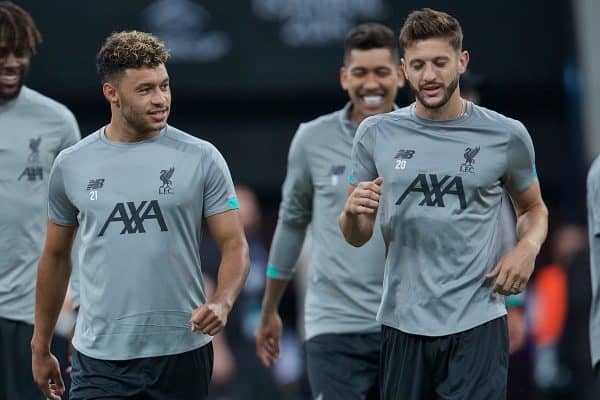 ISTANBUL, TURKEY - Tuesday, August 13, 2019: Liverpool's captain Jordan Henderson, Alex Oxlade-Chamberlain and Adam Lallana during a training session ahead of the UEFA Super Cup match between Liverpool FC and Chelsea FC at Besiktas Park. (Pic by David Rawcliffe/Propaganda)