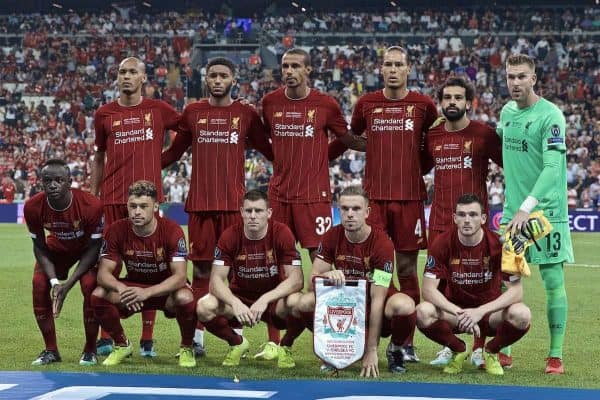 ISTANBUL, TURKEY - Wednesday, August 14, 2019: Liverpool players line-up for a team group photograph before the UEFA Super Cup match between Liverpool FC and Chelsea FC at Besiktas Park. Back row L-R: Fabio Henrique Tavares 'Fabinho', Joe Gomez, Joel Matip, Virgil van Dijk, Mohamed Salah, goalkeeper Adrián San Miguel del Castillo. Front row L-R: Sadio Mane, Alex Oxlade-Chamberlain, James Milner, captain Jordan Henderson and Andy Robertson. (Pic by David Rawcliffe/Propaganda)