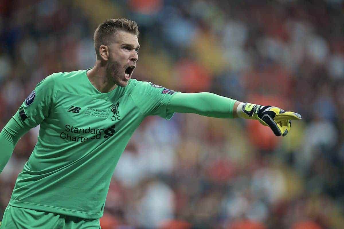 ISTANBUL, TURKEY - Wednesday, August 14, 2019: Liverpool's goalkeeper Adrián San Miguel del Castillo during the UEFA Super Cup match between Liverpool FC and Chelsea FC at Besiktas Park. (Pic by David Rawcliffe/Propaganda)