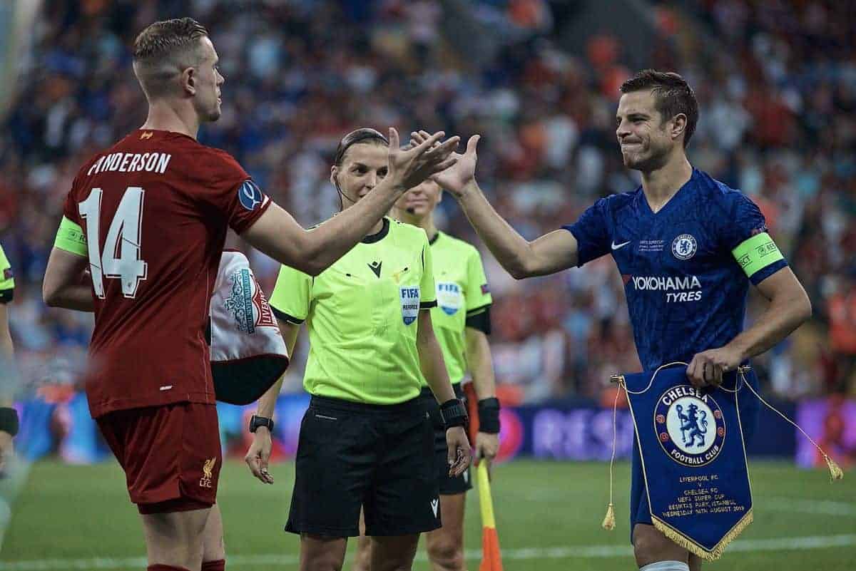 ISTANBUL, TURKEY - Wednesday, August 14, 2019: Liverpool's captain Jordan Henderson (L) and captain Cesar Azpilicueta during the UEFA Super Cup match between Liverpool FC and Chelsea FC at Besiktas Park. (Pic by David Rawcliffe/Propaganda)