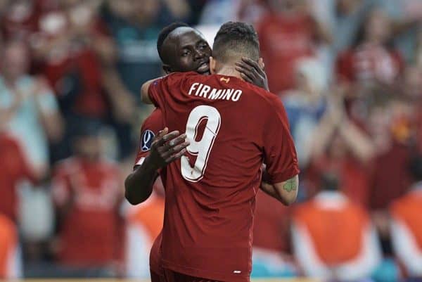 ISTANBUL, TURKEY - Wednesday, August 14, 2019: Liverpool's Sadio Mane celebrates scoring the first equalising goal with team-mate Roberto Firmino (#9) during the UEFA Super Cup match between Liverpool FC and Chelsea FC at Besiktas Park. (Pic by David Rawcliffe/Propaganda)