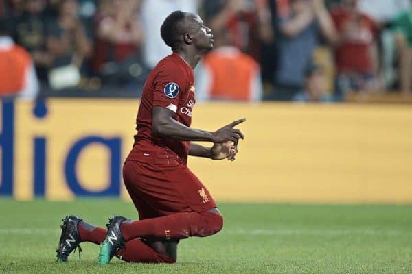 ISTANBUL, TURKEY - Wednesday, August 14, 2019: Liverpool's Sadio Mane kneels to pray as he celebrates scoring the first equalising goal during the UEFA Super Cup match between Liverpool FC and Chelsea FC at Besiktas Park. (Pic by David Rawcliffe/Propaganda)