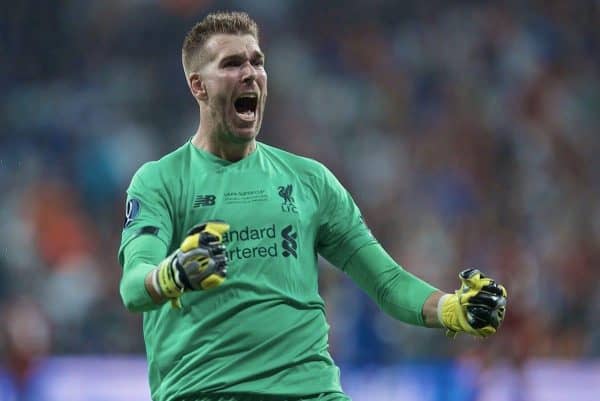 ISTANBUL, TURKEY - Wednesday, August 14, 2019: Liverpool's goalkeeper Adrián San Miguel del Castillo as his side score a second goal during the UEFA Super Cup match between Liverpool FC and Chelsea FC at Besiktas Park. (Pic by David Rawcliffe/Propaganda)