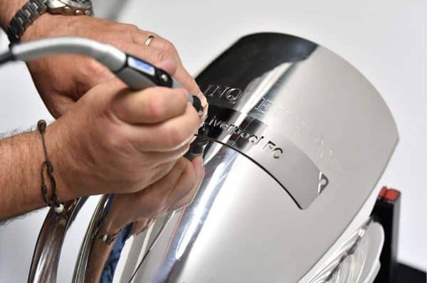 ISTANBUL, TURKEY - Wednesday, August 14, 2019: Liverpool's name is etched onto the trophy after the club won the Super Cup after the UEFA Super Cup match between Liverpool FC and Chelsea FC at Besiktas Park. Liverpool won 5-4 on penalties after a 1-1 draw. (Pic by Handout/UEFA)