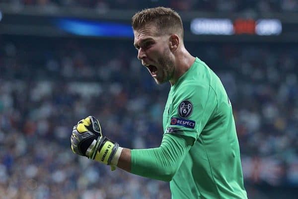 ISTANBUL, TURKEY - Wednesday, August 14, 2019: Liverpool's goalkeeper Adrián San Miguel del Castillo as his side score a second goal during the UEFA Super Cup match between Liverpool FC and Chelsea FC at Besiktas Park. (Pic by David Rawcliffe/Propaganda)