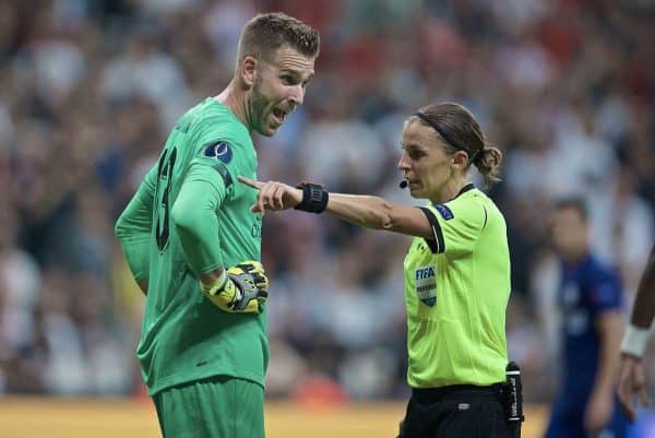 ISTANBUL, TURKEY - Wednesday, August 14, 2019: Liverpool's goalkeeper Adrián San Miguel del Castillo reacts after a penalty is awarded by referee Stéphanie Frappart during the UEFA Super Cup match between Liverpool FC and Chelsea FC at Besiktas Park. (Pic by David Rawcliffe/Propaganda)