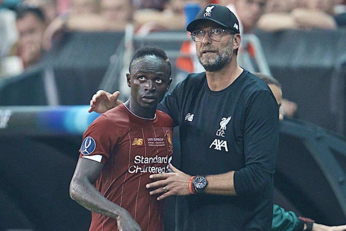 ISTANBUL, TURKEY - Wednesday, August 14, 2019: Liverpool's manager Jürgen Klopp embraces Sadio Mane after he substitutes him during the UEFA Super Cup match between Liverpool FC and Chelsea FC at Besiktas Park. (Pic by David Rawcliffe/Propaganda)