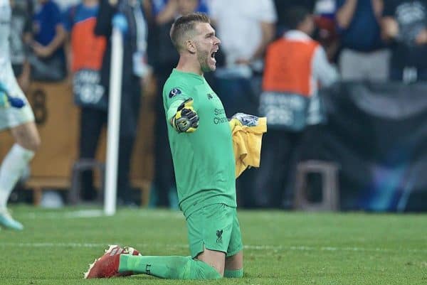 ISTANBUL, TURKEY - Wednesday, August 14, 2019: Liverpool's goalkeeper Adrián San Miguel del Castillo celebrates after saving the decisive fifth penalty from Chelsea in the shoot-out to win the Super Cup during the UEFA Super Cup match between Liverpool FC and Chelsea FC at Besiktas Park. Liverpool won 5-4 on penalties after a 1-1 draw. (Pic by David Rawcliffe/Propaganda)