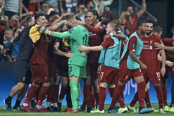 ISTANBUL, TURKEY - Wednesday, August 14, 2019: Liverpool's goalkeeper Adrián San Miguel del Castillo celebrates with team-mates after saving the decisive fifth penalty from Chelsea in the shoot-out to win the Super Cup during the UEFA Super Cup match between Liverpool FC and Chelsea FC at Besiktas Park. Liverpool won 5-4 on penalties after a 1-1 draw. (Pic by David Rawcliffe/Propaganda)