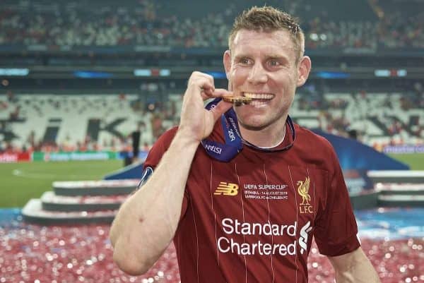 ISTANBUL, TURKEY - Wednesday, August 14, 2019: Liverpool's James Milner bites his winners' medal as he celebrates after winning the Super Cup during the UEFA Super Cup match between Liverpool FC and Chelsea FC at Besiktas Park. Liverpool won 5-4 on penalties after a 1-1 draw. (Pic by David Rawcliffe/Propaganda)