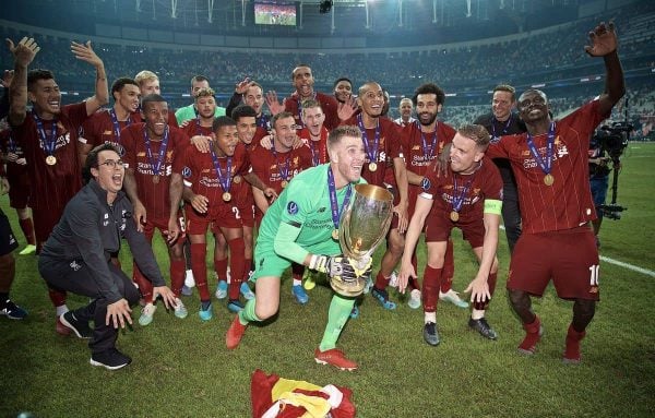ISTANBUL, TURKEY - Wednesday, August 14, 2019: Liverpool's goalkeeper Adrián San Miguel del Castillo celebrates with the trophy after his save in the shoot-out won the Super Cup after the UEFA Super Cup match between Liverpool FC and Chelsea FC at Besiktas Park. Liverpool won 5-4 on penalties after a 1-1 draw. (Pic by David Rawcliffe/Propaganda)