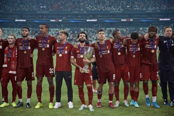 ISTANBUL, TURKEY - Wednesday, August 14, 2019: Liverpool's Mohamed Salah celebrates with the trophy after winning the Super Cup after the UEFA Super Cup match between Liverpool FC and Chelsea FC at Besiktas Park. Liverpool won 5-4 on penalties after a 1-1 draw. Joe Gomez, Joel Matip, Alex Oxlade-Chamberlain, Mohamed Salah, Roberto Firmino, Georginio Wijnaldum, Ki-Jana Hoever, Divock Origi. (Pic by David Rawcliffe/Propaganda)