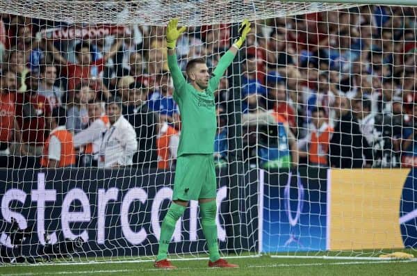 ISTANBUL, TURKEY - Wednesday, August 14, 2019: Liverpool's goalkeeper Adrián San Miguel del Castillo tries to put off Chelsea's Tammy Abraham as he saves the decisive fifth penalty in the shoot-out to win the Super Cup during the UEFA Super Cup match between Liverpool FC and Chelsea FC at Besiktas Park. Liverpool won 5-4 on penalties after a 1-1 draw. (Pic by David Rawcliffe/Propaganda)