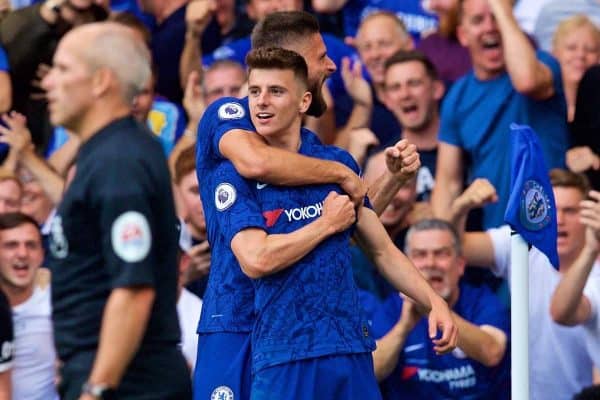 LONDON, ENGLAND - Sunday, August 18, 2019: Chelsea's Mason Mount celebrates scoring the first goal during the FA Premier League match between Chelsea's FC and Leicester City FC at Stamford Bridge. (Pic by David Rawcliffe/Propaganda)