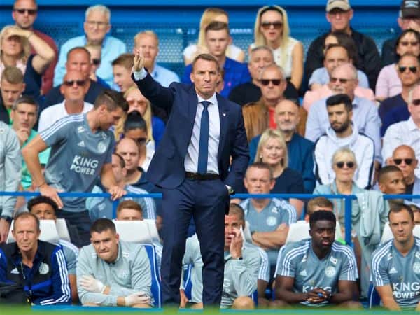 LONDON, ENGLAND - Sunday, August 18, 2019: Leicester City's Brendan Rodgers during the FA Premier League match between Chelsea's FC and Leicester City FC at Stamford Bridge. (Pic by David Rawcliffe/Propaganda)