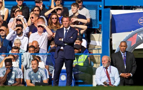 LONDON, ENGLAND - Sunday, August 18, 2019: Leicester City's Brendan Rodgers during the FA Premier League match between Chelsea's FC and Leicester City FC at Stamford Bridge. (Pic by David Rawcliffe/Propaganda)