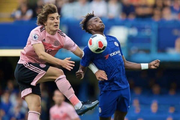 LONDON, ENGLAND - Sunday, August 18, 2019: Chelsea's Tammy Abraham (R) controls the ball under pressure from Leicester City's Ça?lar Söyüncü during the FA Premier League match between Chelsea's FC and Leicester City FC at Stamford Bridge. (Pic by David Rawcliffe/Propaganda)