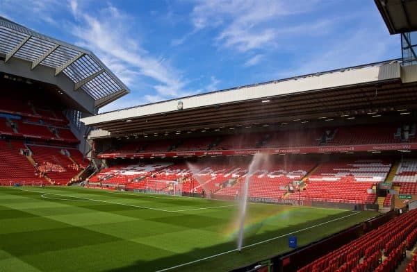 LIVERPOOL, ENGLAND - Saturday, August 24, 2019: A general view of Liverpool's Anfield stadium pictured from the Kenny Dalglish stand looking across the pitch to the Anfield Road before the FA Premier League match between Liverpool FC and Arsenal FC at Anfield. The club this week announced intentions to redevelop the Anfield Road end and increase capacity to over 60,000. (Pic by David Rawcliffe/Propaganda)