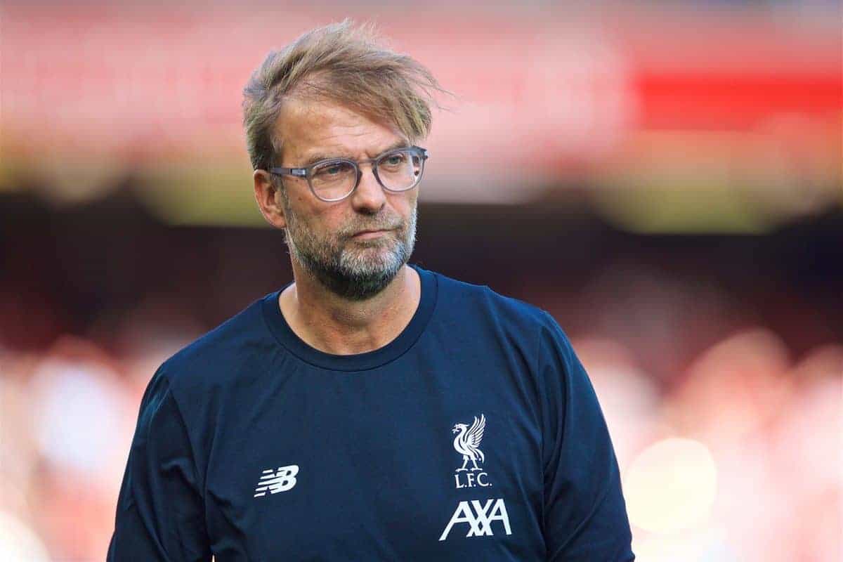 LIVERPOOL, ENGLAND - Saturday, August 24, 2019: Liverpool's manager Jürgen Klopp during the pre-match warm-up before the FA Premier League match between Liverpool FC and Arsenal FC at Anfield. (Pic by David Rawcliffe/Propaganda)