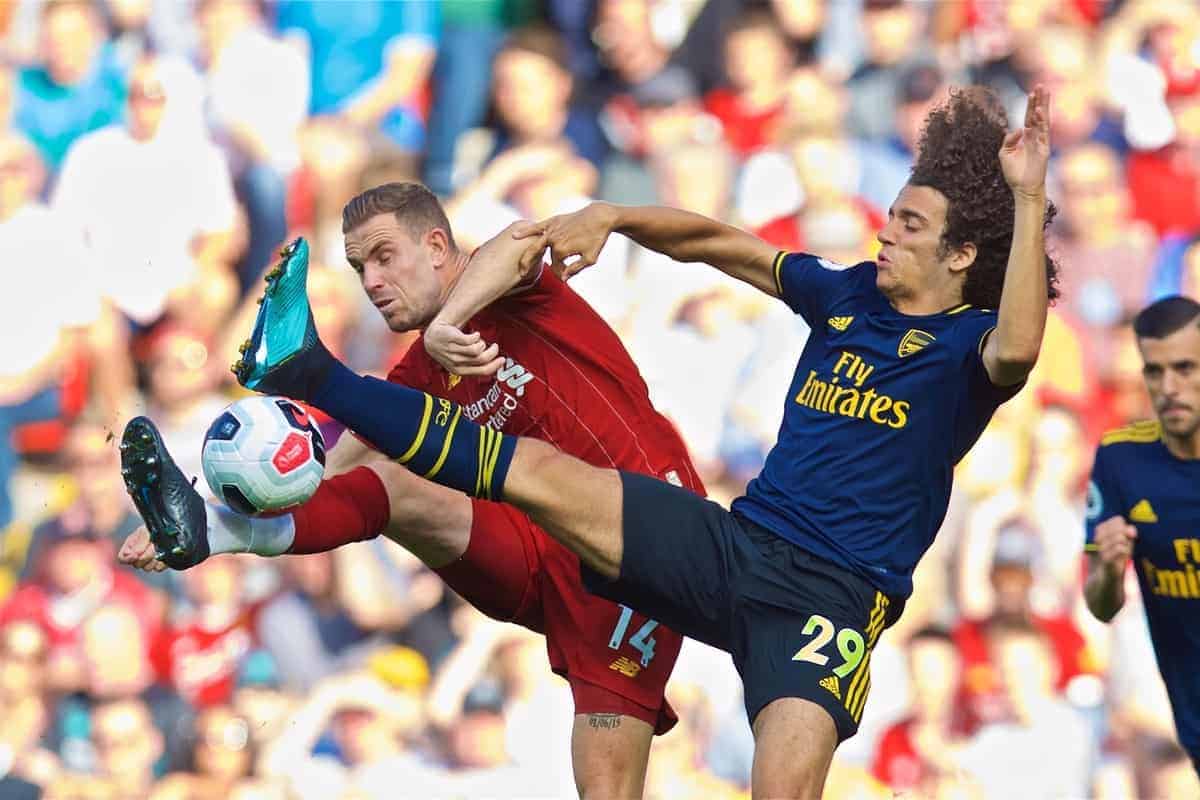 LIVERPOOL, ENGLAND - Saturday, August 24, 2019: Liverpool's captain Jordan Henderson (L) and Arsenal's Mattéo Guendouzi during the FA Premier League match between Liverpool FC and Arsenal FC at Anfield. (Pic by David Rawcliffe/Propaganda)