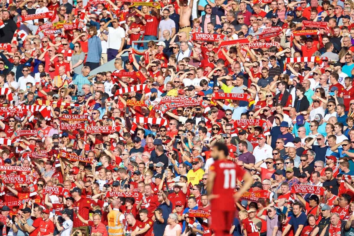 LIVERPOOL, ENGLAND - Saturday, August 24, 2019: Liverpool supporters sing "You'll Never Walk Alone" before the FA Premier League match between Liverpool FC and Arsenal FC at Anfield. (Pic by David Rawcliffe/Propaganda)