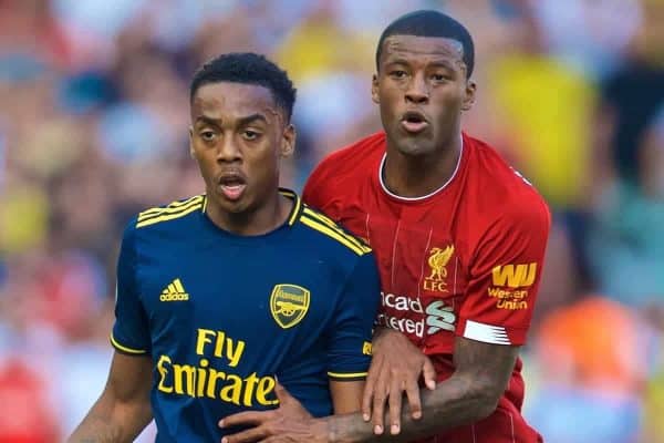 LIVERPOOL, ENGLAND - Saturday, August 24, 2019: Arsenal's Joe Willock (L) Liverpool's Georginio Wijnaldum during the FA Premier League match between Liverpool FC and Arsenal FC at Anfield. (Pic by David Rawcliffe/Propaganda)