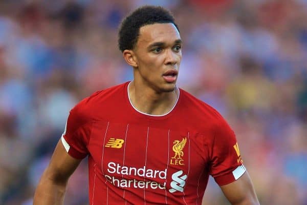 LIVERPOOL, ENGLAND - Saturday, August 24, 2019: Liverpool's Trent Alexander-Arnold during the FA Premier League match between Liverpool FC and Arsenal FC at Anfield. (Pic by David Rawcliffe/Propaganda)