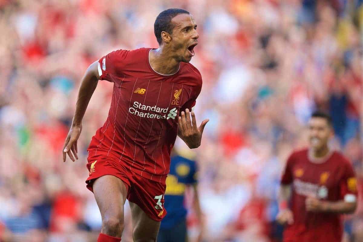 LIVERPOOL, ENGLAND - Saturday, August 24, 2019: Liverpool's Joel Matip celebrates scoring the first goal during the FA Premier League match between Liverpool FC and Arsenal FC at Anfield. (Pic by David Rawcliffe/Propaganda)