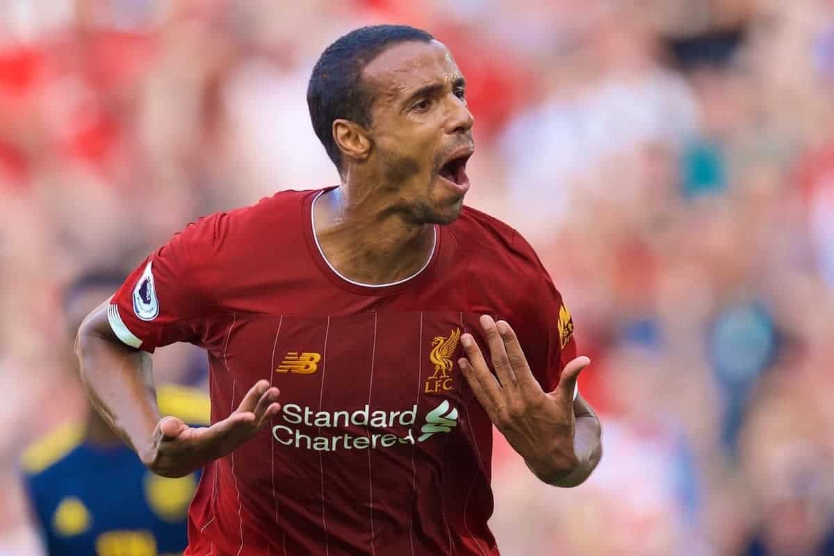 LIVERPOOL, ENGLAND - Saturday, August 24, 2019: Liverpool's Joel Matip celebrates scoring the first goal during the FA Premier League match between Liverpool FC and Arsenal FC at Anfield. (Pic by David Rawcliffe/Propaganda)