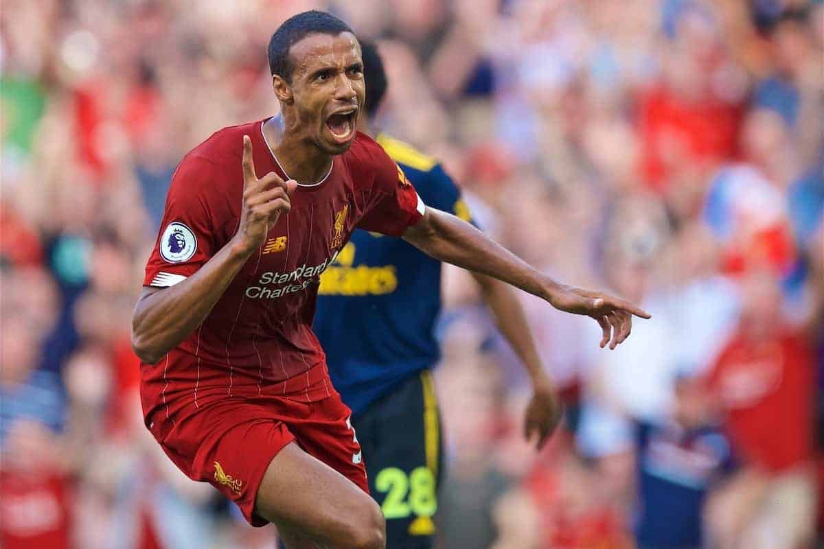 LIVERPOOL, ENGLAND - Saturday, August 24, 2019: Liverpool's Joel Matip celebrates scoring the first goal during the FA Premier League match between Liverpool FC and Arsenal FC at Anfield. (Pic by David Rawcliffe/Propaganda)