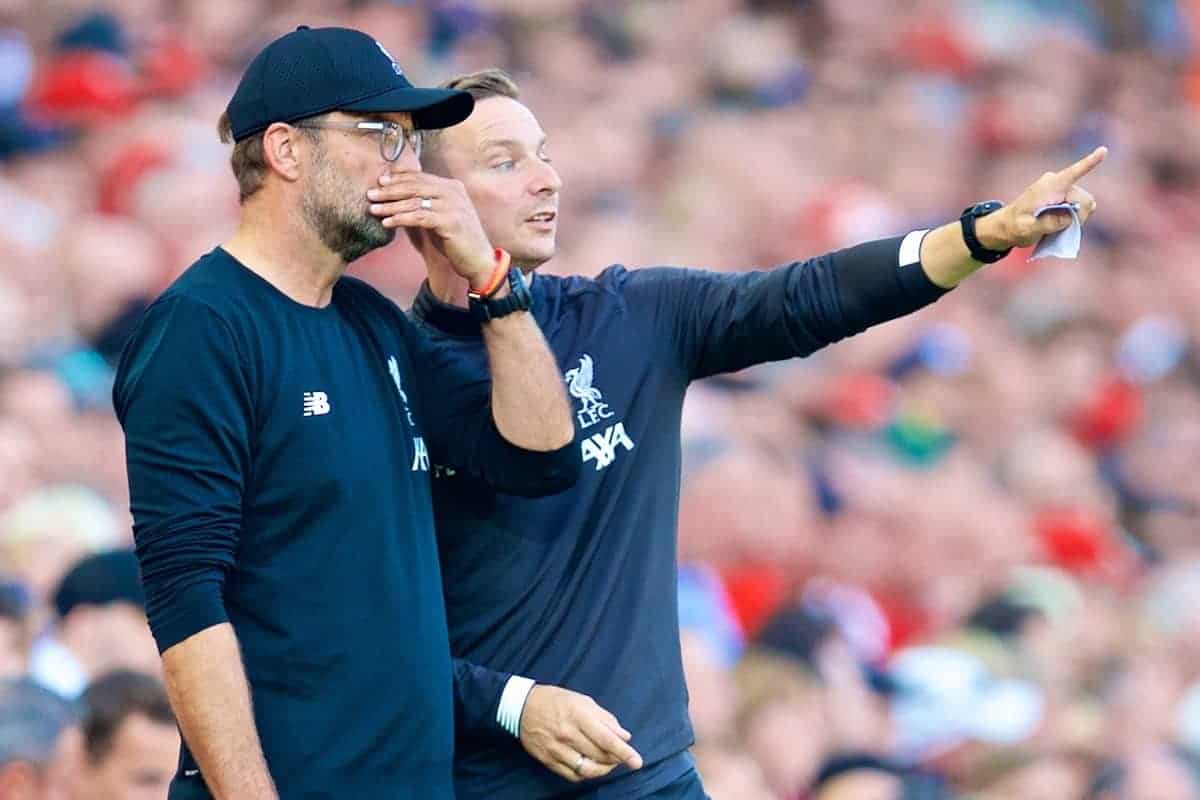 LIVERPOOL, ENGLAND - Saturday, August 24, 2019: Liverpool's manager Jürgen Klopp (L) and first-team development coach Pepijn Lijnders during the FA Premier League match between Liverpool FC and Arsenal FC at Anfield. (Pic by David Rawcliffe/Propaganda)